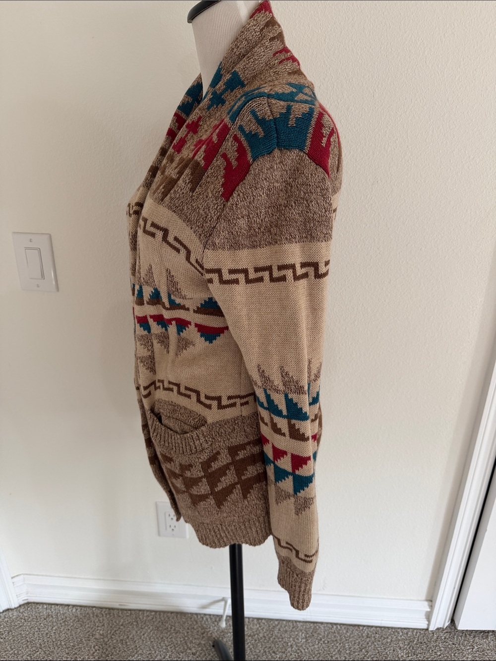 Pendleton Beige Aztec Shawl Collar Cardigan with Teal & Red Accents - Picture 4 of 7